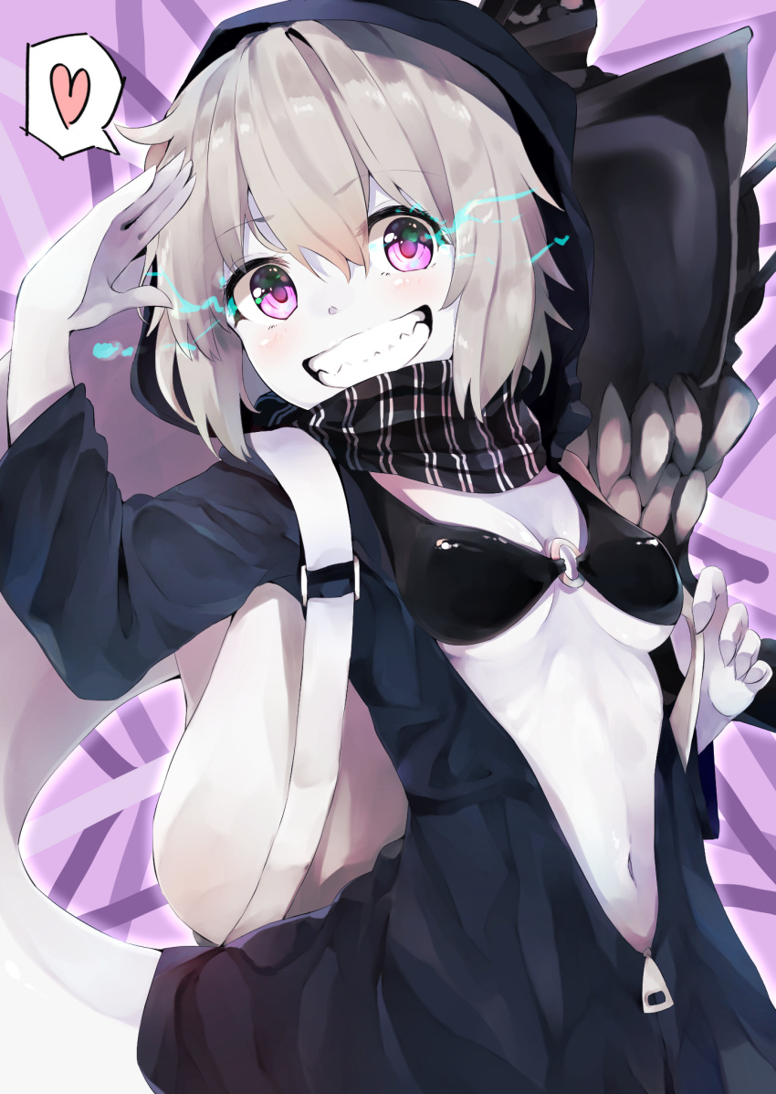 1girl abyssal_ship black_hoodie black_scarf blush breasts grey_hair grin heart highres hood hoodie kantai_collection long_sleeves navel o-ring o-ring_top pale_skin re-class_battleship salute scarf short_hair small_breasts smile solo spoken_heart taisho_(gumiyuki) upper_body violet_eyes zipper zipper_pull_tab