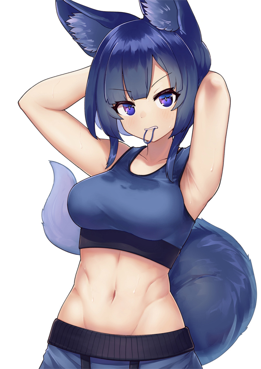 1girl adjusting_hair animal_ears arms_up black_hair breasts collarbone eyebrows_visible_through_hair fox_ears fox_tail hair_tie hair_tie_in_mouth highres jacy large_breasts looking_at_viewer mouth_hold navel original parted_lips solo sports_bra sweat tail teeth violet_eyes wet wet_clothes