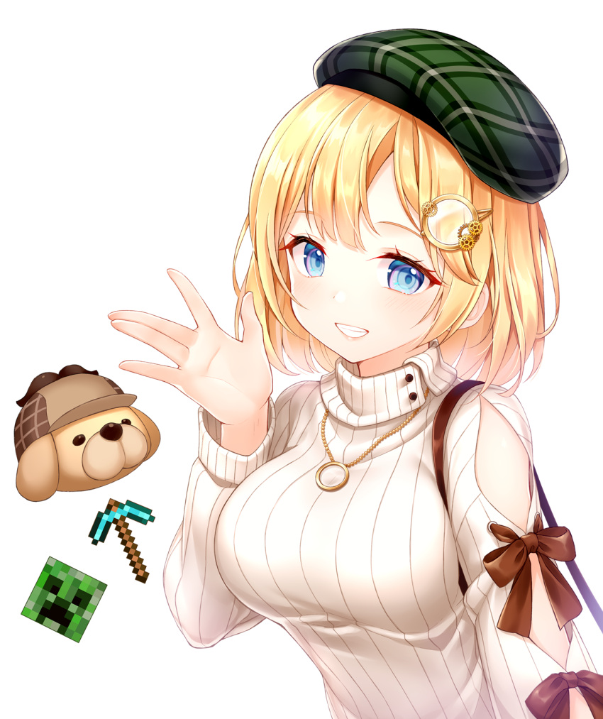 1girl aoilio bangs blonde_hair blue_eyes blush breasts bubba_(watson_amelia) clothing_cutout commentary_request creeper deerstalker green_headwear grin hair_ornament hand_up hat highres hololive hololive_english jewelry large_breasts long_sleeves looking_at_viewer medium_hair minecraft monocle_hair_ornament necklace pickaxe ribbon shiny signature simple_background smile solo sweater turtleneck turtleneck_sweater upper_body virtual_youtuber watson_amelia white_background