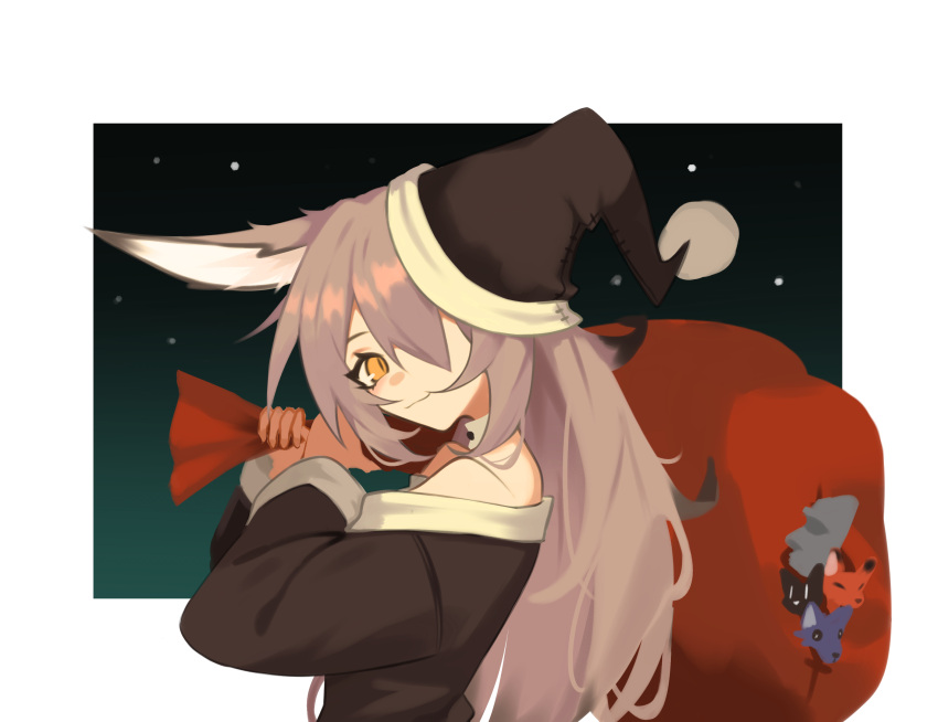 1girl absurdres animal_ears bag black_headwear christmas english_commentary from_side fur_trim ghost_(tama) grey_hair hair_over_one_eye hat highres holding holding_bag looking_at_viewer off_shoulder one_eye_covered original santa_costume santa_hat smile solo wolf wolf_ears wolf_girl