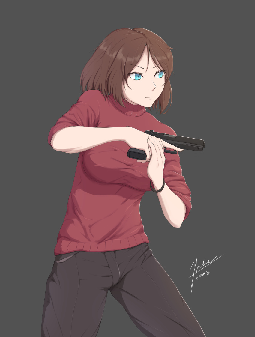 1girl absurdres blue_eyes brown_hair edzactly gun highres holding holding_gun holding_weapon short_hair sleeves_rolled_up sweater trigger_discipline turtleneck turtleneck_sweater weapon