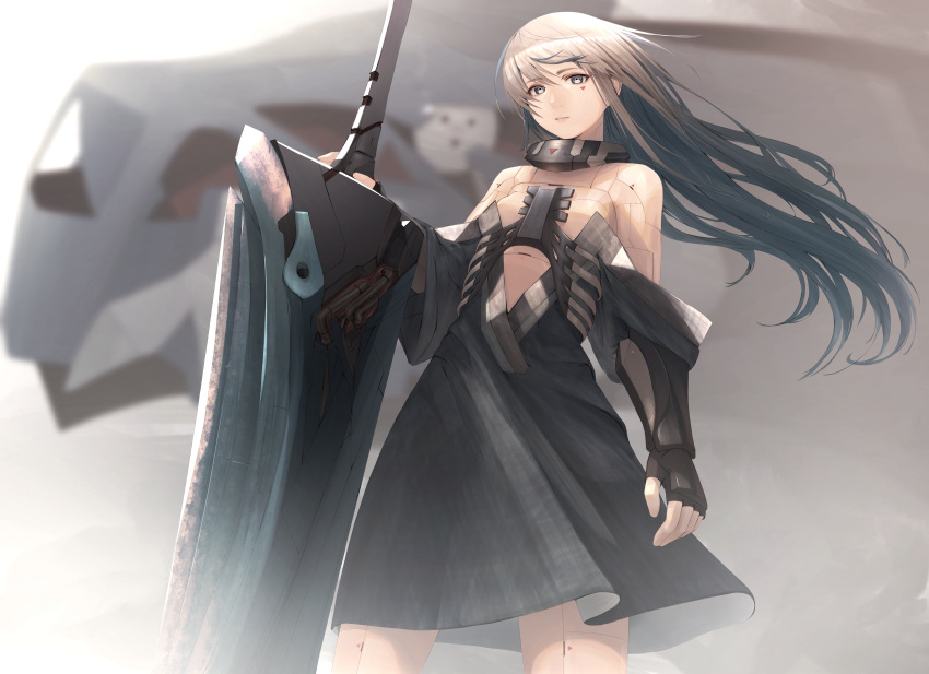 1girl absurdres android bare_shoulders black_dress black_gloves blurry blurry_background dress facial_mark fingerless_gloves gloves greatsword grey_eyes grey_hair hair_between_eyes highres holding holding_sword holding_weapon long_hair mecha original parted_lips savuxan science_fiction solo standing sword weapon