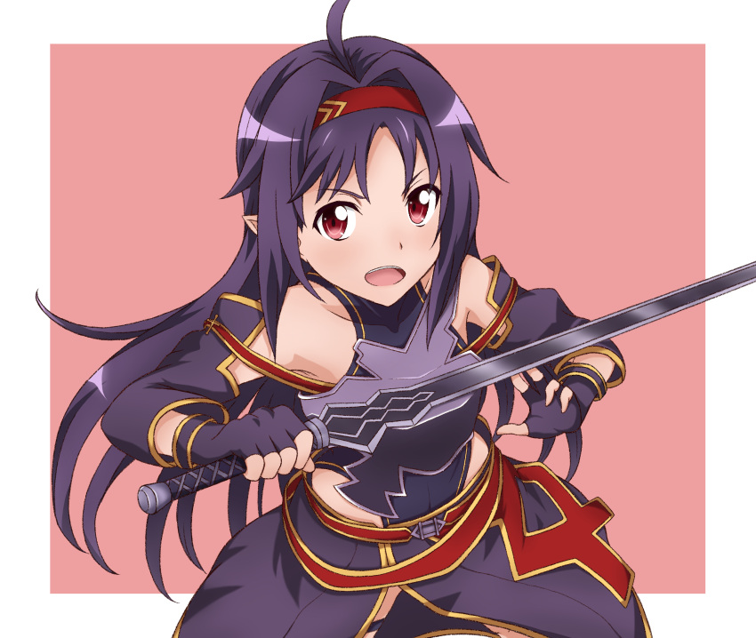 1girl absurdres ahoge armor bangs bare_shoulders breastplate covered_collarbone detached_sleeves emily0103 fingerless_gloves gloves hairband headband highres holding holding_sword holding_weapon leotard long_hair looking_at_viewer open_mouth parted_bangs pointy_ears purple_hair red_eyes simple_background solo sword sword_art_online weapon yuuki_(sao)