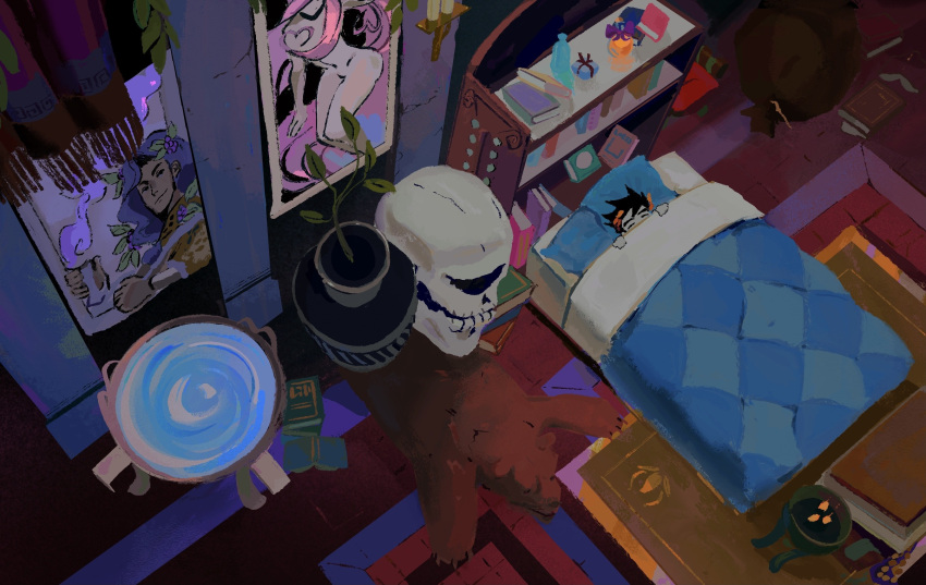 1boy bed bedroom bigskycastle black_hair book colored_skin grey_skin hades_(game) highres indoors leaf plant potted_plant rug shelf short_hair sleeping solo under_covers zagreus_(hades)