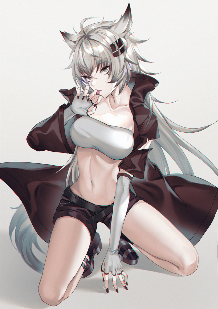 1girl animal_ears antenna_hair arknights bandeau bangs belt black_jacket black_legwear black_shorts blood boots breasts collarbone commentary elbow_gloves eyebrows_visible_through_hair finger_licking fingerless_gloves gloves grey_eyes hair_between_eyes hair_ornament hairclip highres jacket kernel_killer kneeling lappland_(arknights) licking long_hair looking_at_viewer navel revision scar scar_across_eye short_shorts short_sleeves shorts silver_hair simple_background solo stomach strapless tongue tongue_out torn_clothes tubetop white_background white_gloves wolf_ears