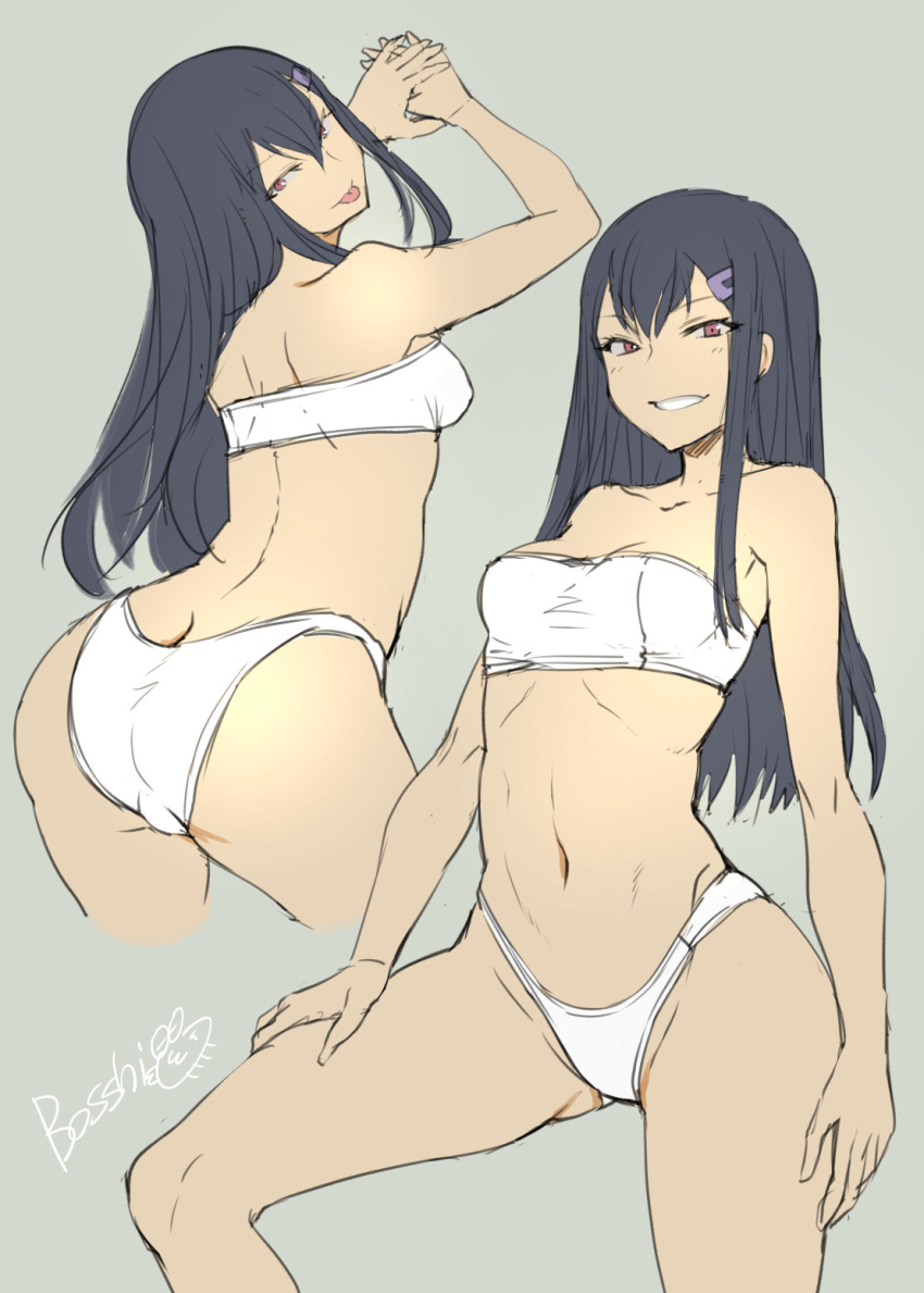 1girl ;p ass back black_hair bosshi bra breasts grey_background grin hair_ornament highres long_hair looking_at_viewer multiple_views navel one_eye_closed original panties red_eyes simple_background sketch smile tongue tongue_out underwear underwear_only white_bra white_panties