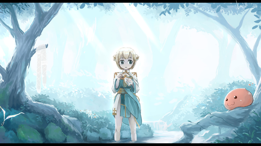 1girl :3 archbishop_(ragnarok_online) bangs blonde_hair blue_dress bottle bush commentary_request cross day dress eyebrows_visible_through_hair fishnet_legwear fishnets forest full_body gameplay_mechanics highres holding holding_bottle kajiji legwear_removed letterboxed looking_at_another looking_to_the_side moss nature open_mouth outdoors poring ragnarok_online river rock short_hair slime_(creature) standing thigh-highs tree two-tone_dress wading water white_dress white_legwear