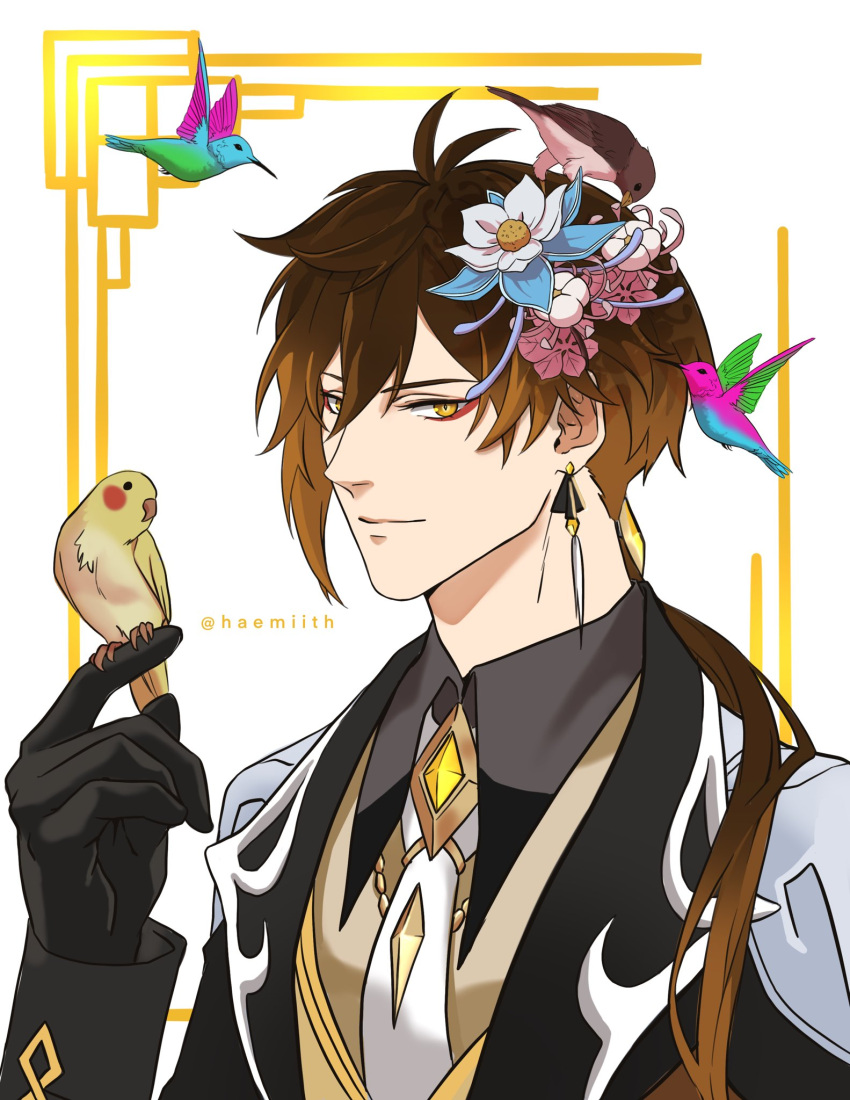 1boy animal bangs bird bird_on_hand black_gloves black_hair brown_hair closed_mouth collar earrings flower formal genshin_impact gloves haemiith hair_between_eyes hair_flower hair_ornament hand_up highres hummingbird jacket jewelry long_hair long_sleeves looking_at_viewer male_focus multicolored_hair necktie ponytail simple_background single_earring solo suit tassel tassel_earrings white_background white_flower yellow_eyes zhongli_(genshin_impact)