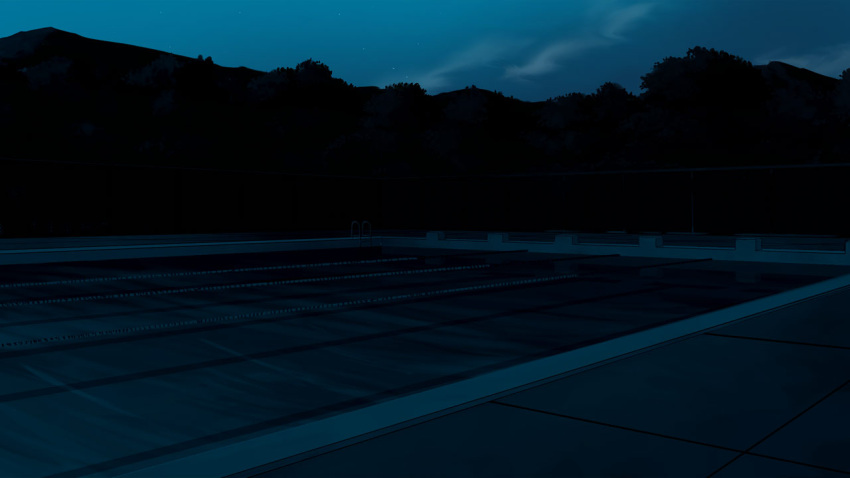 chain-link_fence clouds commentary_request fence kajiji mountain night night_sky no_humans original outdoors pool pool_ladder reflective_water scenery sky star_(sky) tree