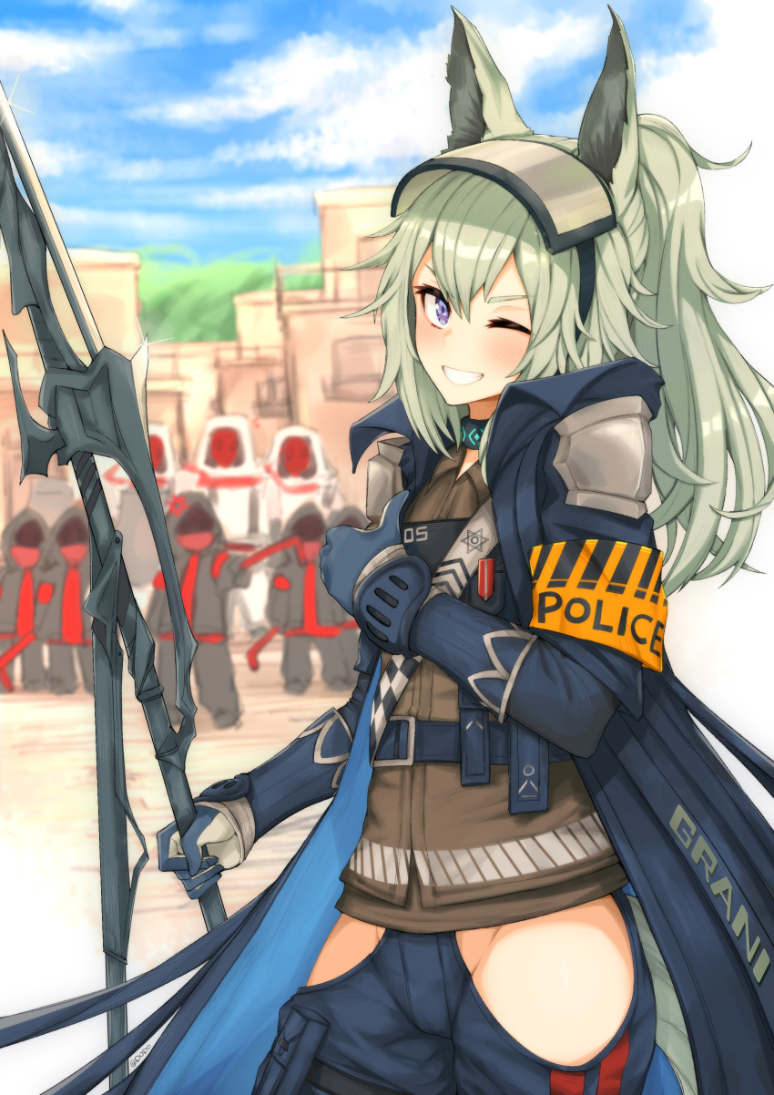 1girl absurdres animal_ears arknights armband dodo_(yatotoyatoto) gloves grani_(arknights) grin highres hip_vent horse_ears long_coat no_panties one_eye_closed polearm ponytail reunion_soldier_(arknights) silver_hair smile spear tail thumbs_up violet_eyes weapon
