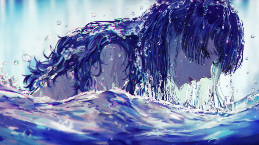 1girl blue_hair highres idolmaster idolmaster_shiny_colors long_hair minyom open_mouth partially_submerged solo tanaka_mamimi violet_eyes water wet