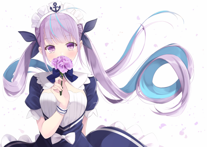 1girl anchor black_ribbon blue_dress blue_hair bow braid breasts commentary covered_mouth dress english_commentary flower hair_ribbon hand_up highres holding holding_flower hololive long_hair maid_headdress minato_aqua multicolored_hair petals puffy_short_sleeves puffy_sleeves purple_flower purple_hair ribbon sasahara_wakaba short_sleeves simple_background small_breasts solo twintails twitter_username two-tone_hair very_long_hair violet_eyes virtual_youtuber white_background white_bow