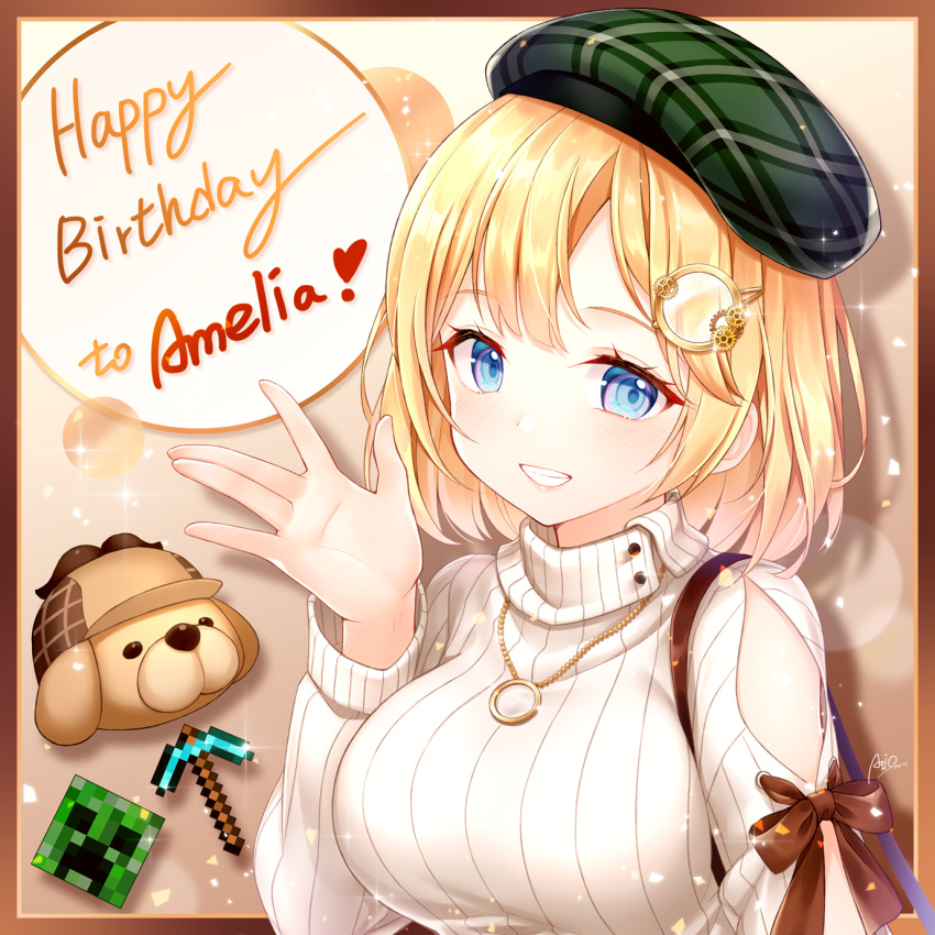 1girl aoilio bangs blonde_hair blue_eyes blush breasts bubba_(watson_amelia) character_name clothing_cutout commentary_request creeper deerstalker green_headwear grin hair_ornament hand_up happy_birthday hat heart highres hololive hololive_english jewelry large_breasts long_sleeves looking_at_viewer medium_hair minecraft monocle_hair_ornament necklace pickaxe ribbon shiny signature smile solo sweater turtleneck turtleneck_sweater upper_body virtual_youtuber watson_amelia
