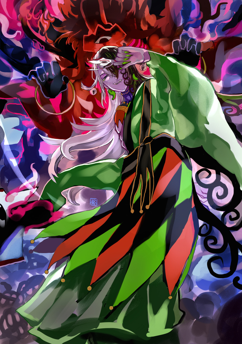 1boy absurdres akimitsu-dono ashiya_douman_(fate) asymmetrical_clothes asymmetrical_hair bell black_eyes black_hair claw_pose curly_hair earrings energy fate/grand_order fate_(series) feet_out_of_frame fingernails ghost green_kimono green_nails hair_bell hair_between_eyes hair_intakes hair_ornament head_tilt highres japanese_clothes jewelry kimono leaning_to_the_side long_hair magatama magatama_earrings male_focus multicolored_hair open_clothes open_kimono pectorals ribbed_sleeves sharp_fingernails shikigami smile solo toned toned_male two-tone_hair very_long_fingernails very_long_hair white_hair yuu_(pixiv769259)