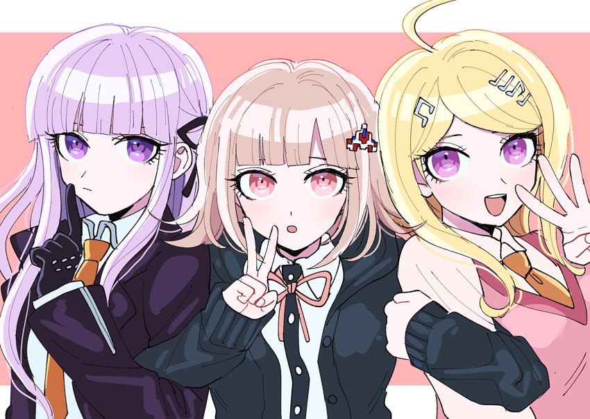 3girls :d :o ahoge akamatsu_kaede bangs black_gloves black_jacket black_ribbon black_shirt blonde_hair braid collared_shirt commentary_request dangan_ronpa:_trigger_happy_havoc dangan_ronpa_(series) dangan_ronpa_2:_goodbye_despair dangan_ronpa_v3:_killing_harmony dress_shirt finger_to_mouth gloves hair_ornament hair_ribbon hand_up hands_up hood hood_down jacket kirigiri_kyouko locked_arms long_hair long_sleeves looking_at_viewer multiple_girls musical_note musical_note_hair_ornament nanami_chiaki neck_ribbon necktie open_mouth orange_neckwear pink_ribbon purple_hair ribbon shirt shushing smile sweater_vest tei_(auntaso) upper_body upper_teeth v violet_eyes w white_shirt