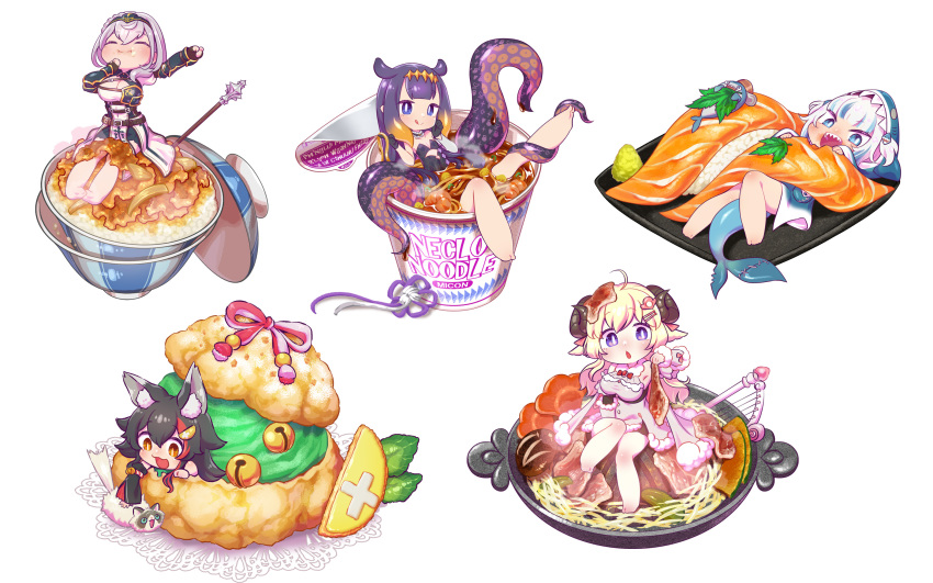 5girls :i ahoge animal_ear_fluff animal_ears animal_hood arm_up bare_legs barefoot bell black_hair black_leotard blonde_hair bloop_(gawr_gura) blue_eyes blue_hair blue_hoodie blush bowl brand_name_imitation breasts cape carrot cat chaki_(teasets) chibi cleavage_cutout closed_eyes closed_mouth clothing_cutout commentary cutout_above_navel detached_sleeves dress eating eyebrows_visible_through_hair fish_tail food full_body fur-trimmed_dress fur_trim gawr_gura gradient_hair gyuudon hair_ornament hairclip harp highres hololive hololive_english hood hoodie horns instrument kouhaku_nawa leotard licking_lips long_hair looking_at_viewer mace mole mole_on_breast multicolored_hair multiple_girls nabe ninomae_ina'nis noodles ookami_mio open_mouth orange_eyes orange_hair partially_submerged purple_hair ramen redhead salmon shark_hair_ornament shark_hood shark_tail sharp_teeth sheep_ears sheep_horns shirogane_noel short_hair short_twintails silver_hair simple_background smile streaked_hair sushi taiga_(ookami_mio) tail teeth tentacle_hair tentacles thighs tiara tongue tongue_out tsunomaki_watame twintails two-tone_hair two_side_up vambraces virtual_youtuber wasabi weapon white_background white_dress wolf_ears