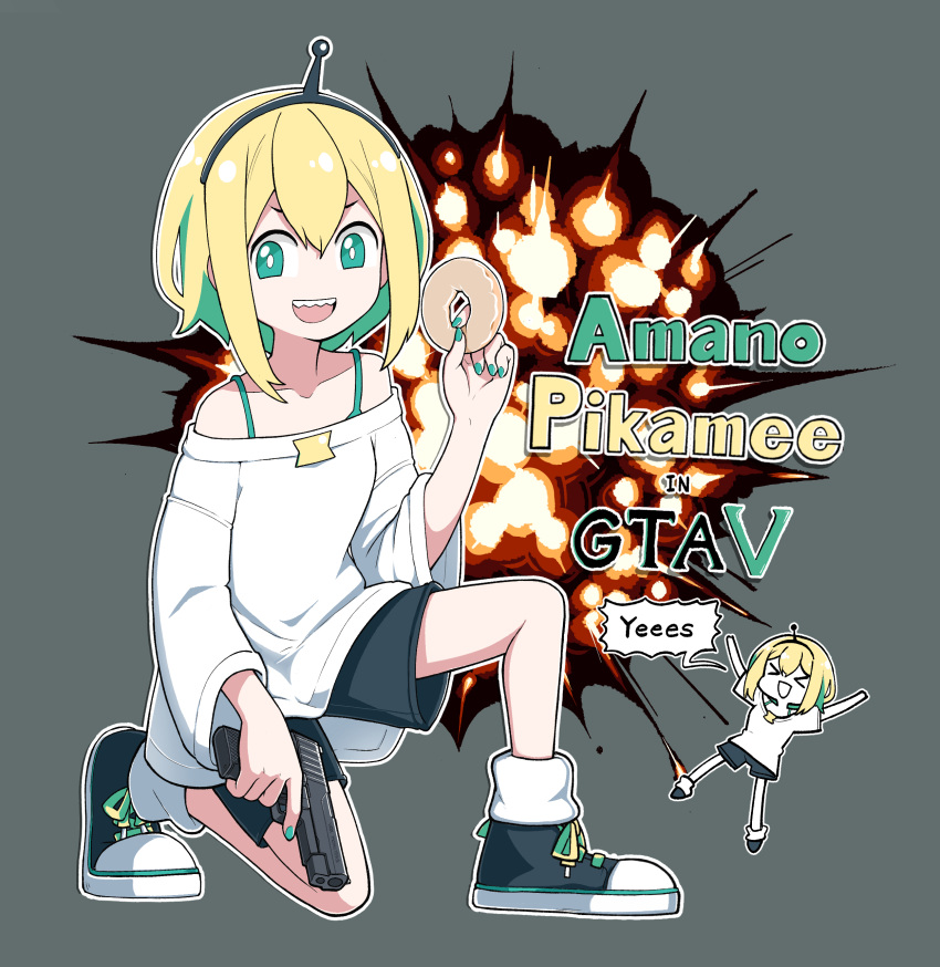 &gt;o&lt; 1girl absurdres amano_pikamee black_footwear blonde_hair bra_strap character_name chibi doughnut english_text food grand_theft_auto_v green_hair green_nails gun handgun highres jacy multicolored_hair one_knee pistol sharp_teeth shoes short_hair shorts sneakers solo speech_bubble teeth two-tone_hair upper_teeth virtual_youtuber voms weapon