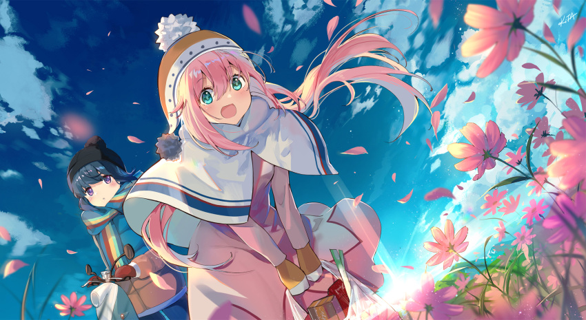 2girls :d bag bangs beanie blue_eyes blue_hair blue_sky box clouds day dutch_angle elise_(piclic) eyebrows_visible_through_hair flower gloves ground_vehicle hat highres holding holding_bag kagamihara_nadeshiko leaning_forward long_hair looking_at_viewer moped motor_vehicle multiple_girls open_mouth outdoors parted_lips petals pink_coat pink_hair puffy_coat scarf shima_rin sidelocks sky smile spring_onion striped striped_scarf twintails violet_eyes wallpaper winter_clothes yurucamp