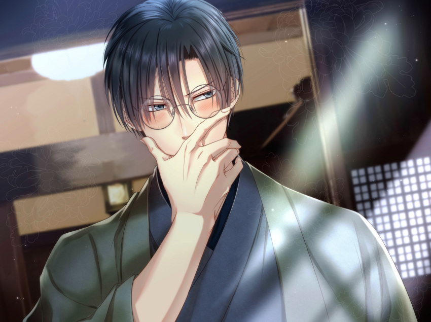 1boy black_hair blurry blurry_background blush covering_mouth embarrassed glasses hair_between_eyes hand_over_own_mouth indoors izumi_(stardustalone) japanese_clothes kimono male_focus renri_no_chigiri_wo_kimi_to_shiru solo sunlight upper_body