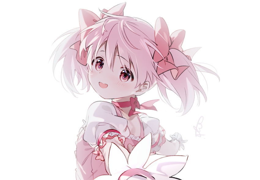 1girl absurdres al_mican backlighting choker close-up commentary_request dot_nose eyebrows_visible_through_hair eyes_visible_through_hair flat_chest frilled_sleeves frills from_behind gloves hair_ribbon happy highres kaname_madoka light_blush light_smile looking_at_viewer looking_back mahou_shoujo_madoka_magica outstretched_arm parted_lips pink_choker pink_eyes pink_hair pink_neckwear pink_ribbon puffy_short_sleeves puffy_sleeves reaching_out ribbon ribbon_choker shaded_face short_sleeves short_twintails signature simple_background solo tareme twintails upper_body white_background white_gloves
