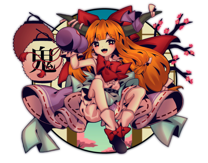 1girl absurdres bangs black_footwear bloomers blunt_bangs bow bowtie bright_pupils eyebrows_visible_through_hair fangs flower full_body gourd hair_bow highres holding horn_ornament horn_ribbon horns ibuki_suika lantern long_hair looking_at_viewer metal_belt oni_horns open_mouth orange_hair purple_ribbon purple_skirt red_bow red_eyes red_flower red_neckwear red_ribbon ribbon ribbon-trimmed_skirt ribbon_trim shirt shoe_bow shoes simple_background sitting skirt smile solo torn_clothes torn_sleeves touhou tree tree_branch underwear white_background white_legwear white_ribbon white_shirt wrist_cuffs yuka_yukiusa