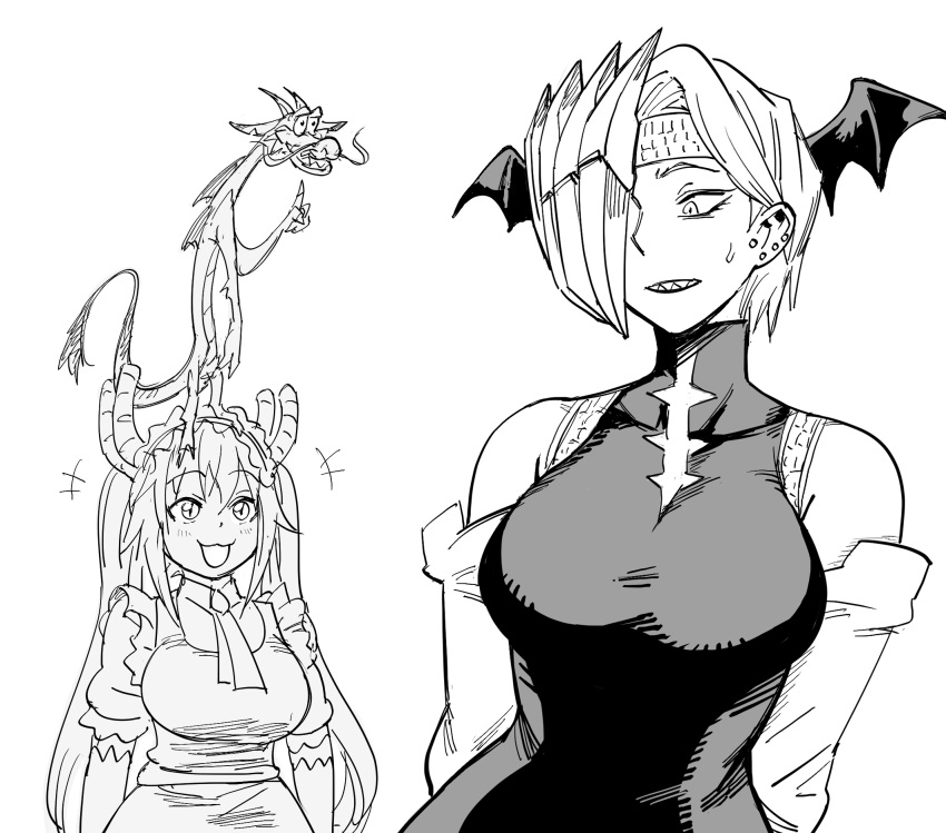 apron bare_shoulders bat_wings bb_(baalbuddy) boku_no_hero_academia breasts dragon ear_piercing earrings highres jewelry kobayashi-san_chi_no_maidragon large_breasts maid maid_apron maid_headdress medium_breasts monochrome mulan mushu_(disney) piercing ryuukyuu sketch sweat sweatdrop tohru_(maidragon) wings