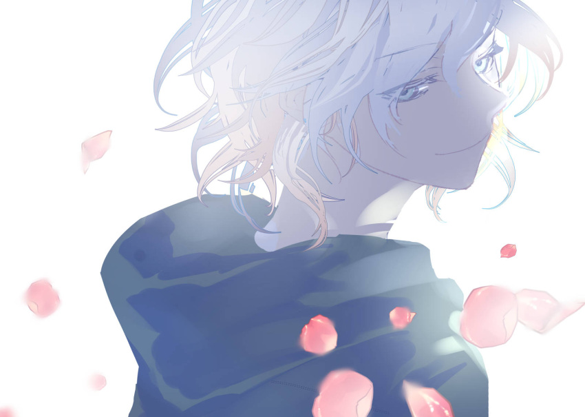 1boy bangs blue_eyes cherry_blossoms closed_mouth commentary_request dangan_ronpa_(series) dangan_ronpa_2:_goodbye_despair eyebrows_visible_through_hair from_side head highres hood hooded_jacket jacket komaeda_nagito looking_at_viewer male_focus petals simple_background smile solo upper_body white_background white_hair wind yosuga_(hridayam)