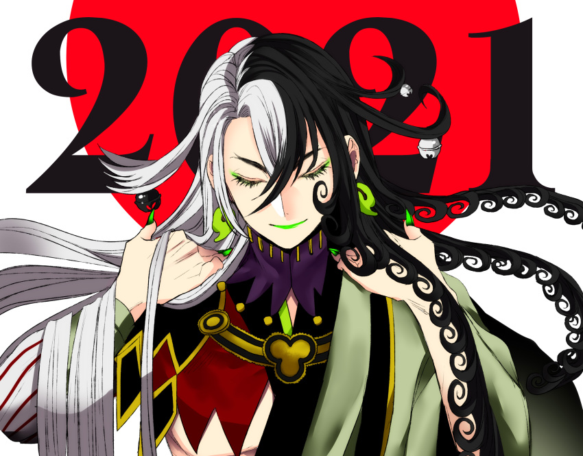 1boy 2021 adjusting_hair ashiya_douman_(fate) asymmetrical_clothes asymmetrical_hair backlighting bell black_eyes black_hair closed_eyes closed_mouth curly_hair earrings fate/grand_order fate_(series) fingernails green_eyeshadow green_kimono green_lipstick green_nails hair_bell hair_between_eyes hair_intakes hair_ornament highres japanese_clothes jewelry kimono lipstick long_hair magatama magatama_earrings makeup male_focus multicolored_hair number open_clothes open_kimono ribbed_sleeves sharp_fingernails simple_background solo two-tone_hair upper_body very_long_fingernails very_long_hair white_hair yu_(13377)