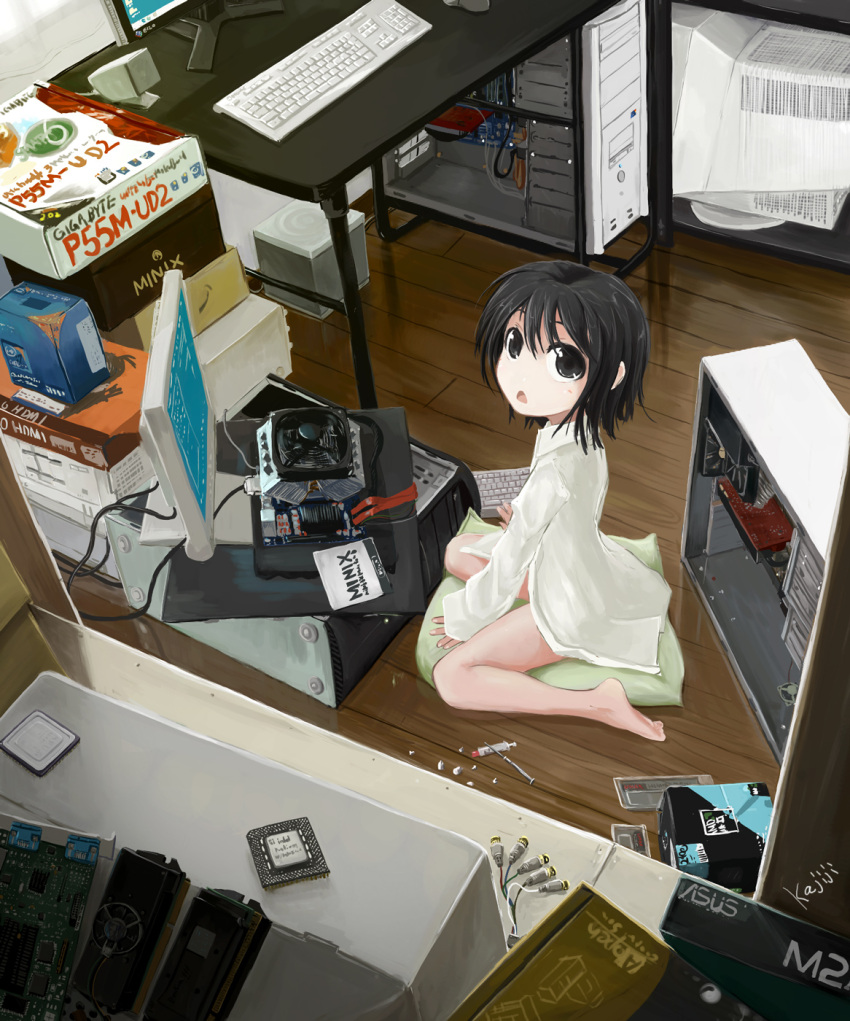 1girl artist_name asus bangs black_eyes black_hair box cable collared_shirt commentary_request computer cpu desk fan full_body highres kajiji keyboard_(computer) looking_at_viewer monitor motherboard naked_shirt open_mouth original screw screwdriver seiza shirt short_hair sitting sitting_on_pillow solo speaker white_shirt wooden_floor