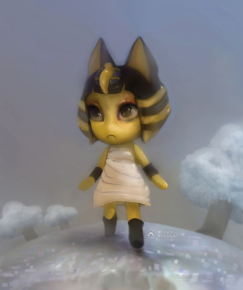 1girl animal_crossing ankha_(animal_crossing) artist_name brown_eyes closed_mouth commentary english_commentary frown highres michy_mikolai sad shadow tree walking