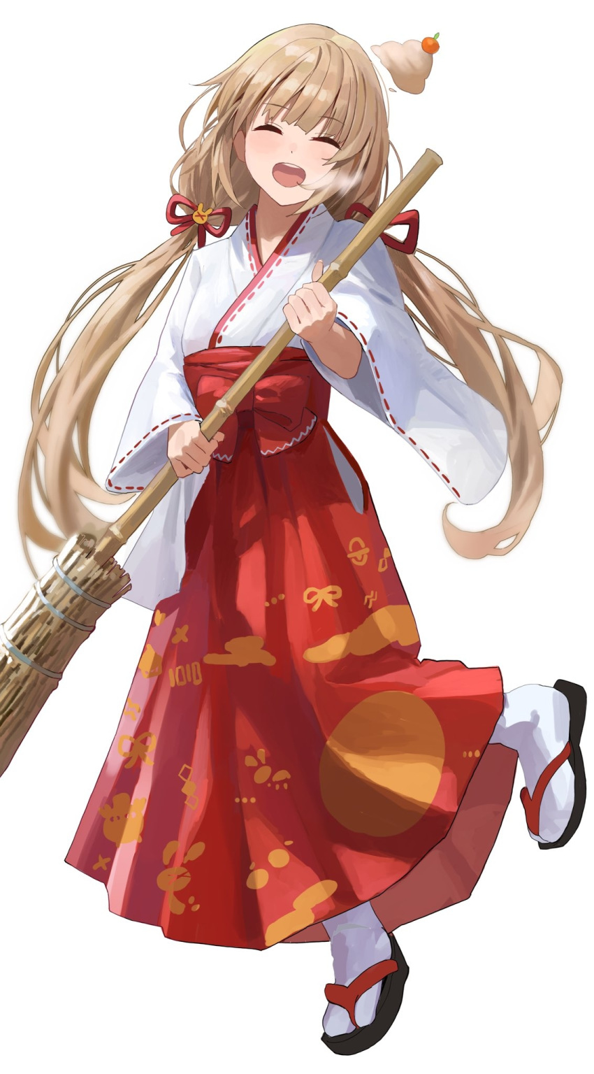 1girl :d ^_^ bamboo_broom bangs black_footwear blush bow breath broom brown_hair closed_eyes commentary_request eyebrows_visible_through_hair facing_viewer hair_ribbon hakama highres holding holding_broom japanese_clothes kimono long_hair long_sleeves low_twintails miko natori_sana open_mouth red_bow red_hakama red_ribbon ribbon ribbon-trimmed_kimono ribbon-trimmed_sleeves ribbon_trim sana_channel smile socks solo standing standing_on_one_leg suketoudara_(artist) tabi twintails very_long_hair virtual_youtuber white_kimono white_legwear wide_sleeves zouri