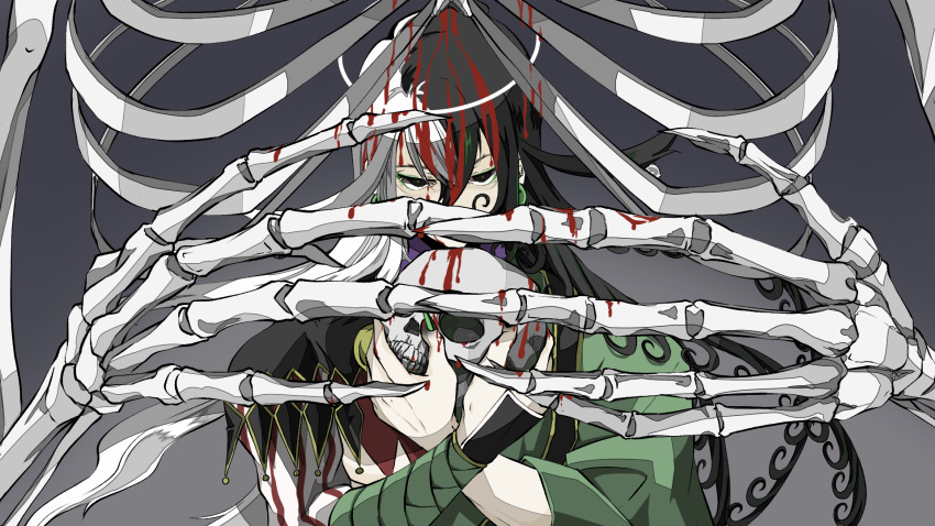 1boy ashiya_douman_(fate) asymmetrical_clothes asymmetrical_hair bell black_eyes black_hair blood blood_on_face bloody_hands curly_hair earrings fate/grand_order fate_(series) fingernails ghost giant green_eyeshadow green_kimono green_nails hair_bell hair_between_eyes hair_intakes hair_ornament highres holding japanese_clothes jewelry k:a_(mnkamn) kimono long_hair looking_at_viewer magatama magatama_earrings male_focus monster multicolored_hair open_clothes open_kimono red_pupils ribbed_sleeves sharp_fingernails skeleton skull solo_focus two-tone_hair upper_body very_long_fingernails very_long_hair white_hair