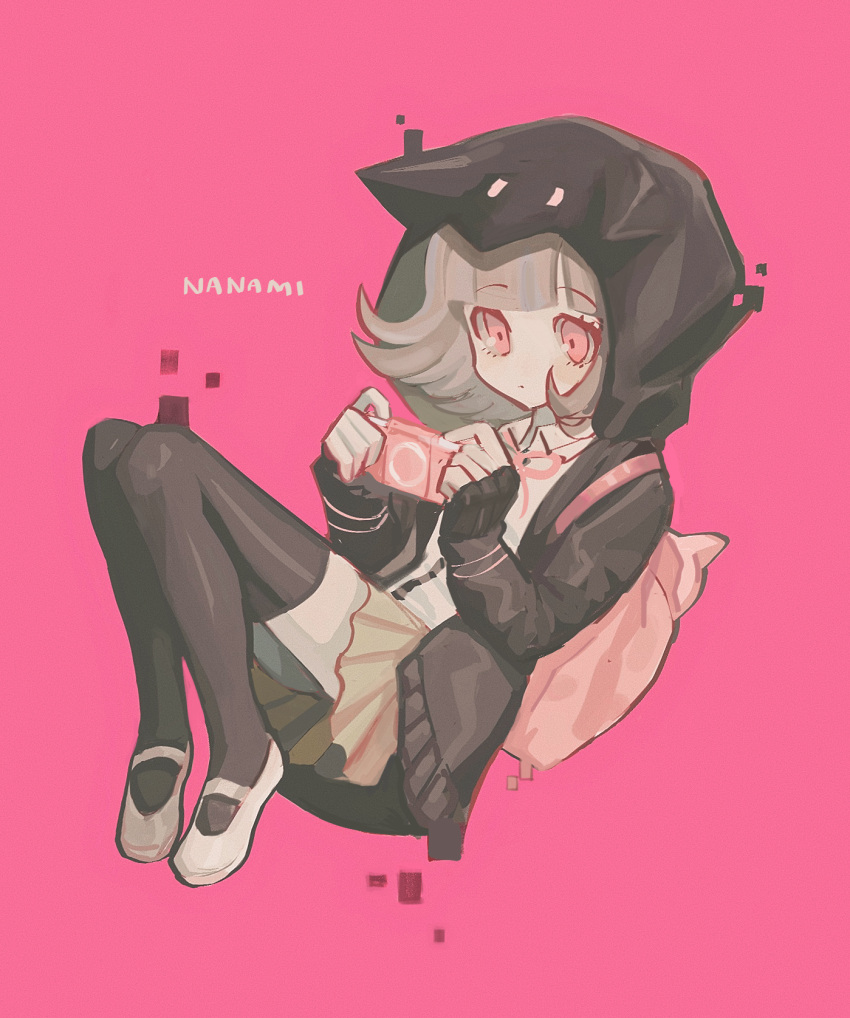 1girl akiko_141 animal_ears animal_hood backpack bag bangs black_jacket black_legwear black_shirt blunt_bangs cat_hood character_name closed_mouth collared_shirt commentary_request dangan_ronpa_(series) dangan_ronpa_2:_goodbye_despair eyebrows_visible_through_hair fake_animal_ears full_body handheld_game_console highres holding holding_handheld_game_console hood hood_up hoodie jacket long_sleeves medium_hair nanami_chiaki neck_ribbon pink_background pink_eyes pink_ribbon pleated_skirt ribbon shirt shoes skirt solo thigh-highs white_shirt zettai_ryouiki