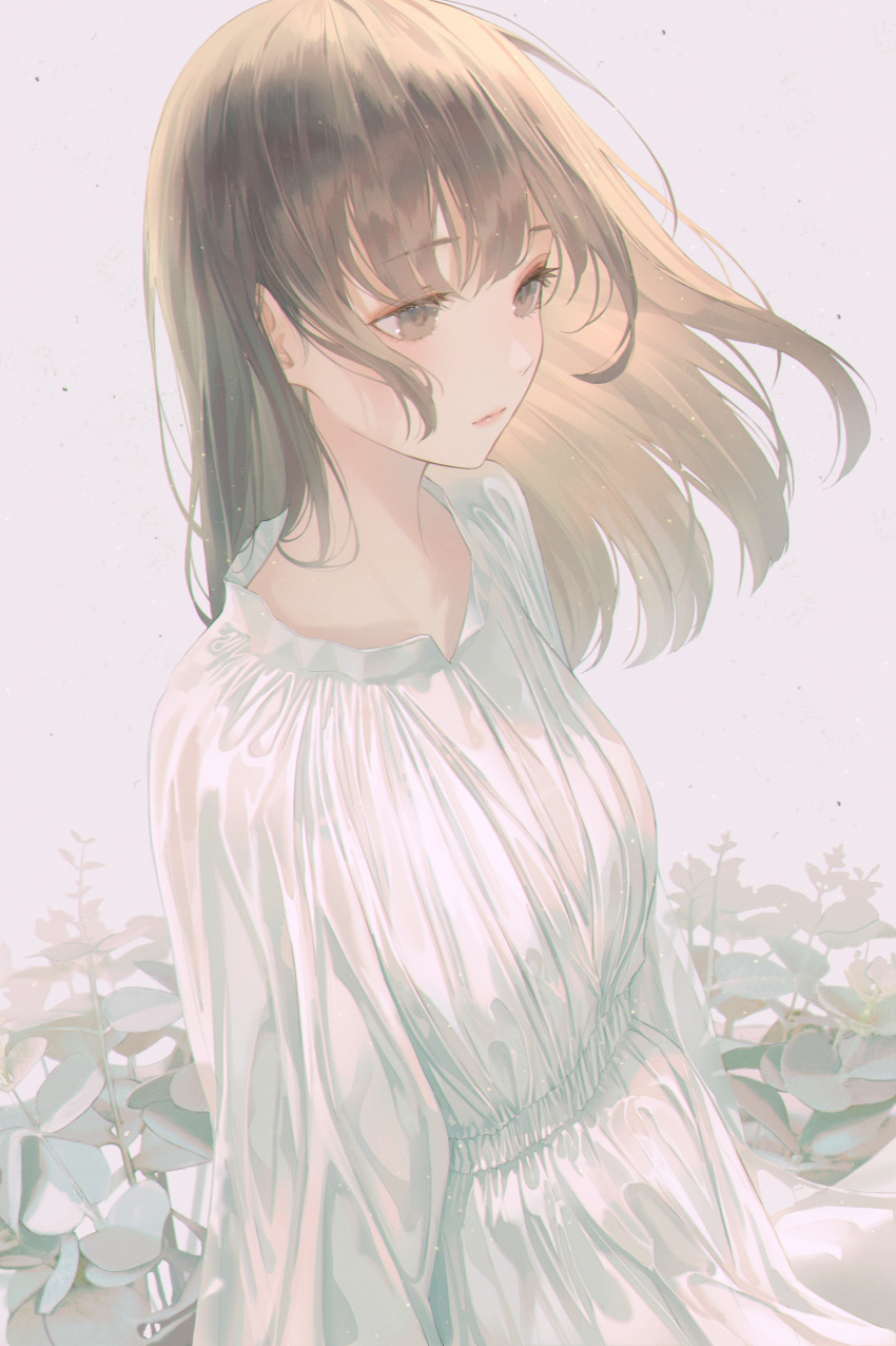1girl absurdres bangs blunt_bangs blush breasts brown_eyes brown_hair closed_mouth collarbone dress expressionless eyebrows_visible_through_hair highres leaf lips long_hair long_sleeves looking_afar original plant seol simple_background small_breasts solo standing upper_body white_background white_dress
