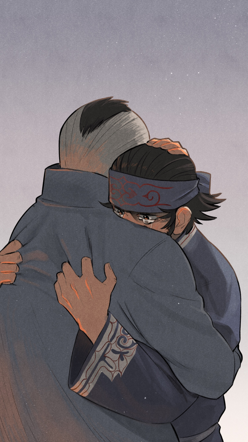 2boys absurdres black_hair blue_headband brown_eyes coat collar commentary_request crying from_behind golden_kamuy grey_background grey_coat hand_on_another's_head headband highres holding hug kadokura_(golden_kamuy) kirawus_(golden_kamuy) long_sleeves looking_at_viewer ma_kns multiple_boys petting simple_background standing tears traditional_clothes upper_body wide_sleeves