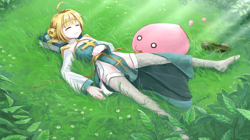1girl :3 ahoge archbishop_(ragnarok_online) bangs blonde_hair blue_dress blush book bush chewing cleavage_cutout closed_eyes closed_mouth clothing_cutout commentary_request cross double_bun dress eyebrows_visible_through_hair fishnet_legwear fishnets flower footwear_removed full_body grass highres kajiji long_sleeves looking_at_another lying no_panties on_back on_ground poring ragnarok_online shoes short_hair slime_(creature) thigh-highs two-tone_dress white_dress white_legwear