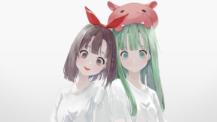 2girls absurdres bangs blunt_bangs braid brown_eyes brown_hair character_request check_character green_eyes green_hair hair_ribbon hat highres long_hair looking_at_viewer mile_(mil2) multiple_girls open_mouth original red_ribbon ribbon shirt short_hair short_sleeves simple_background smile upper_body white_background white_shirt