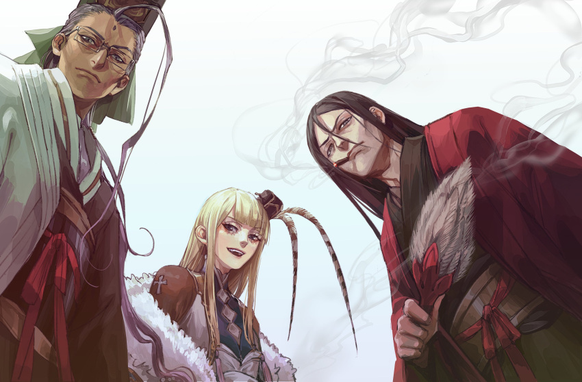 1girl 2boys ahoge blonde_hair chen_gong_(fate) chinese_clothes chinese_hat cigar dark_skin dark_skinned_male expressionless facial_mark fate/grand_order fate_(series) forehead_mark from_below glasses grey-framed_eyewear hair_strand hat highres long_hair looking_at_viewer lord_el-melloi_ii lord_el-melloi_ii_case_files multiple_boys noka_(noka8103) purple_hair reines_el-melloi_archisorte sidelocks smile smoke smoking tagme upper_body violet_eyes waver_velvet