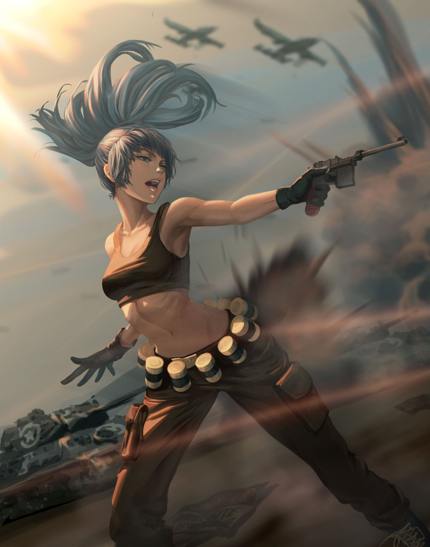 1girl absurdres aircraft airplane bangs bare_shoulders battlefield black_gloves black_tank_top blue_eyes blue_hair blurry blurry_background breasts cargo_pants commentary_request earrings explosion gas_can gloves ground_vehicle gun highres jewelry korean_commentary leona_heidern midriff military military_vehicle motor_vehicle navel pants ponytail solo tank tank_top the_king_of_fighters the_king_of_fighters_xiii wans_008 weapon