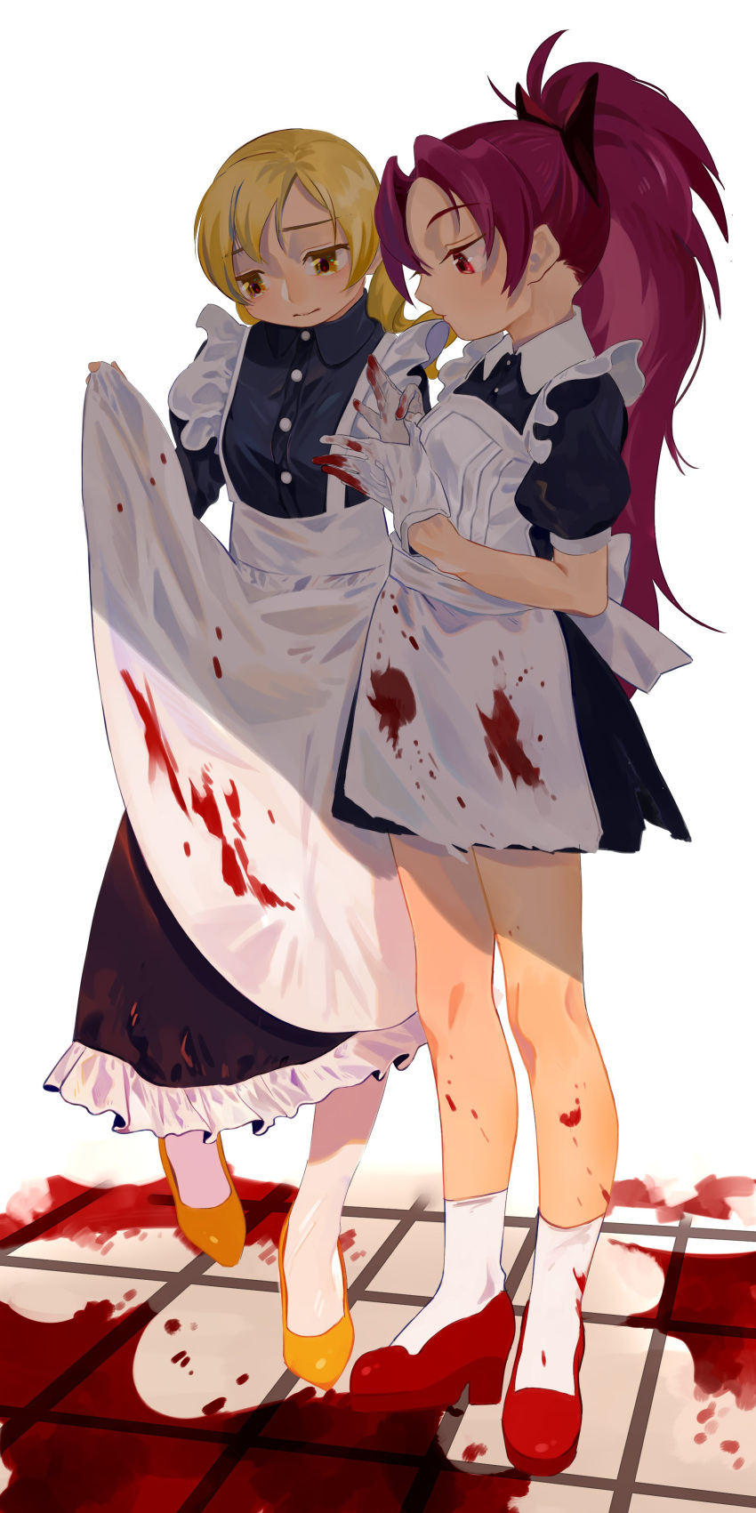 2girls absurdres apron black_dress blonde_hair blood blood_splatter dress frilled_apron frilled_dress frills full_body highres long_hair mahou_shoujo_madoka_magica multiple_girls profile red_eyes red_footwear redhead sakura_kyouko sate_(ryu_ryu_1212m) shadow shoes socks standing tomoe_mami very_long_hair white_apron white_legwear yellow_eyes yellow_footwear