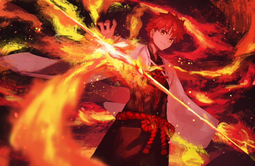 1boy aito closed_mouth cowboy_shot embers emiya_shirou fate/grand_order fate_(series) fire highres limited/zero_over male_focus nagatekkou outstretched_hand redhead rope sengo_muramasa_(fate) shimenawa smile solo weapon wide_sleeves yellow_eyes