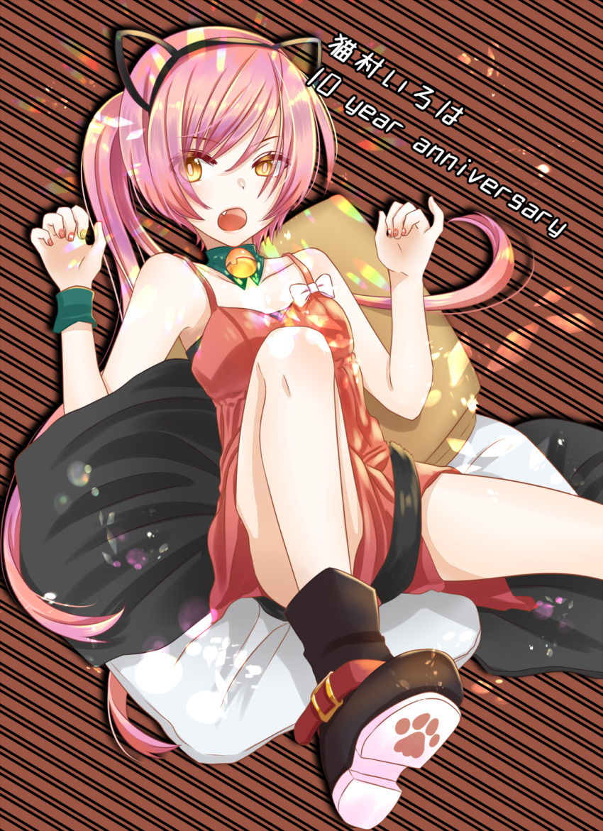 1girl animal_ears anniversary boots cat_ears cat_tail character_name commentary cushion dress dress_bow fang full_body hairband highres long_hair looking_at_viewer nekomura_iroha open_mouth paw_pose paw_print pink_hair ponta_(poqpon) rainbow red_dress red_nails refraction sitting solo spaghetti_strap striped striped_background tail vocaloid wristband yellow_eyes