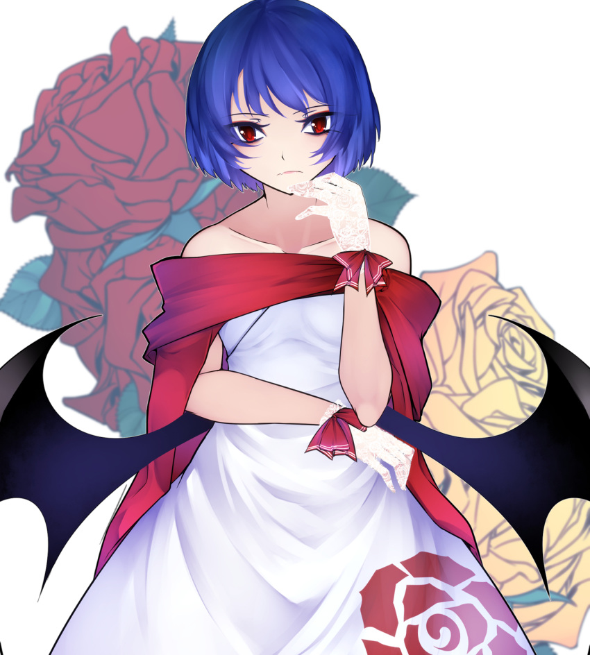 1girl alternate_costume aoshima bangs bare_shoulders bat_wings blue_hair blurry blurry_background breasts cape collarbone colored_eyelashes cowboy_shot dress expressionless eyebrows_visible_through_hair eyeliner eyes_visible_through_hair eyeshadow floral_print flower gloves hand_on_own_chin highres lace lace_gloves lazy_eye low_wings makeup no_hat no_headwear off-shoulder_dress off_shoulder outline red_cape red_eyes red_flower red_pupils red_ribbon red_rose remilia_scarlet ribbon rose rose_background rose_print short_hair sleeveless sleeveless_dress small_breasts solo thinking touhou white_background white_dress wings wrist_ribbon yellow_flower yellow_rose