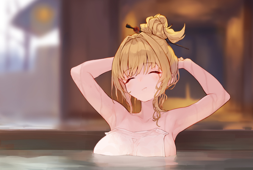 1girl absurdres armpits arms_up bangs blonde_hair blurry blurry_background breasts character_request closed_eyes eyebrows_visible_through_hair granblue_fantasy hair_ornament hair_stick highres large_breasts long_hair naked_towel partially_submerged solo tai_(e3d1p) towel wet