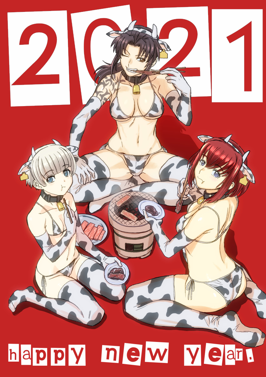 2021 3girls animal_ears animal_print bell bell_collar bikini black_lagoon blue_eyes breasts brown_eyes brown_hair character_request chinese_zodiac chopsticks collar commentary_request copyright_request cow_ears cow_horns cow_print cowbell crossover eating fake_horns happy_new_year highres hiroe_rei horns indian_style large_breasts long_hair looking_at_viewer medium_breasts multiple_girls new_year ponytail print_bikini print_legwear redhead revy_(black_lagoon) short_hair sitting small_breasts swimsuit tattoo thigh-highs wariza year_of_the_ox