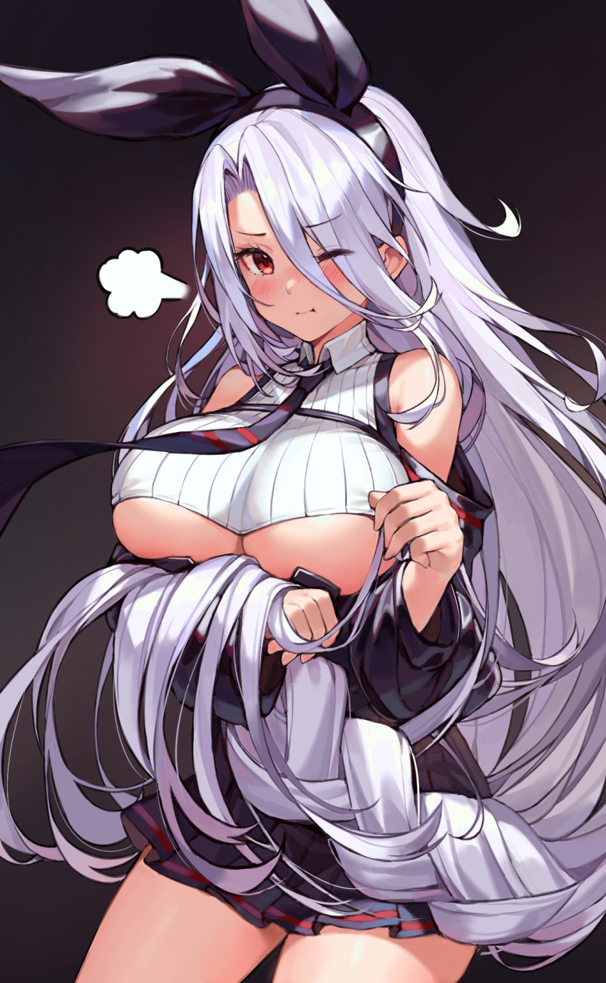 1girl =3 azur_lane bare_shoulders black_skirt boku_koyuki_mx braid breasts closed_mouth collared_shirt cowboy_shot crop_top detached_sleeves hair_between_eyes hair_ribbon highres large_breasts long_hair looking_at_viewer miniskirt necktie no_bra one_eye_closed pleated_skirt pout prinz_heinrich_(azur_lane) red_eyes ribbed_shirt ribbon shirt single_braid skirt sleeveless sleeveless_shirt solo thighs under_boob very_long_hair white_hair white_shirt