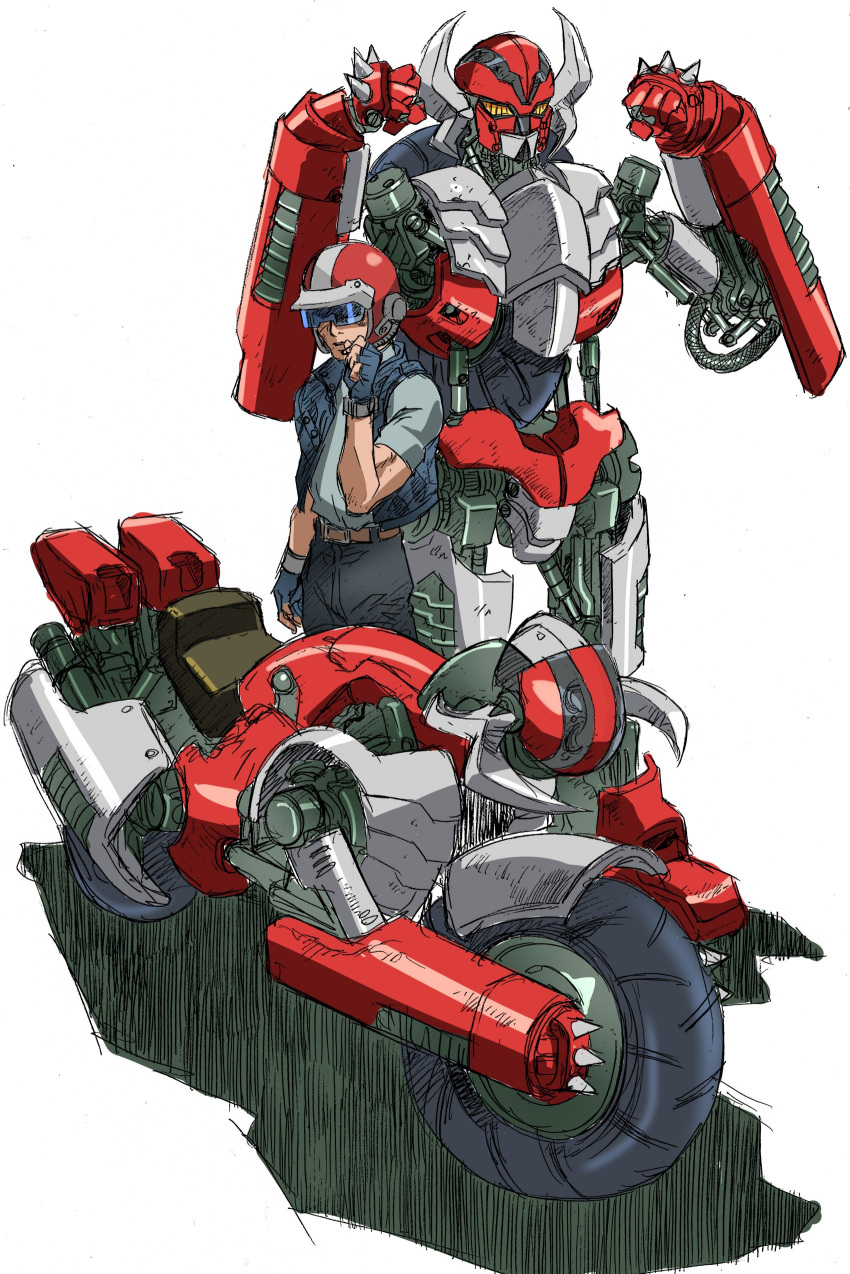 1boy absurdres blue_gloves blue_vest clenched_hands daimon_yutaka denjin_zaborger denjin_zaborger_(mecha) fingerless_gloves gloves grey_shirt ground_vehicle headset helmet highres horns looking_down mecha motor_vehicle motorcycle platin_(alios) shirt spikes standing tokusatsu vest visor