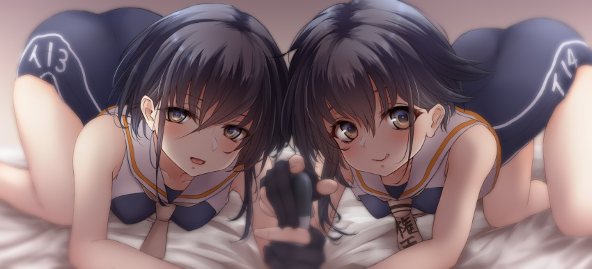 2girls all_fours asymmetrical_hair black_gloves black_hair blue_swimsuit breast_cutout breasts brown_eyes collarbone framed_breasts gloves hair_between_eyes highres i-13_(kantai_collection) i-14_(kantai_collection) kantai_collection multiple_girls nuka_(nvkka) partially_fingerless_gloves sailor_collar school_swimsuit short_hair small_breasts swimsuit torpedo