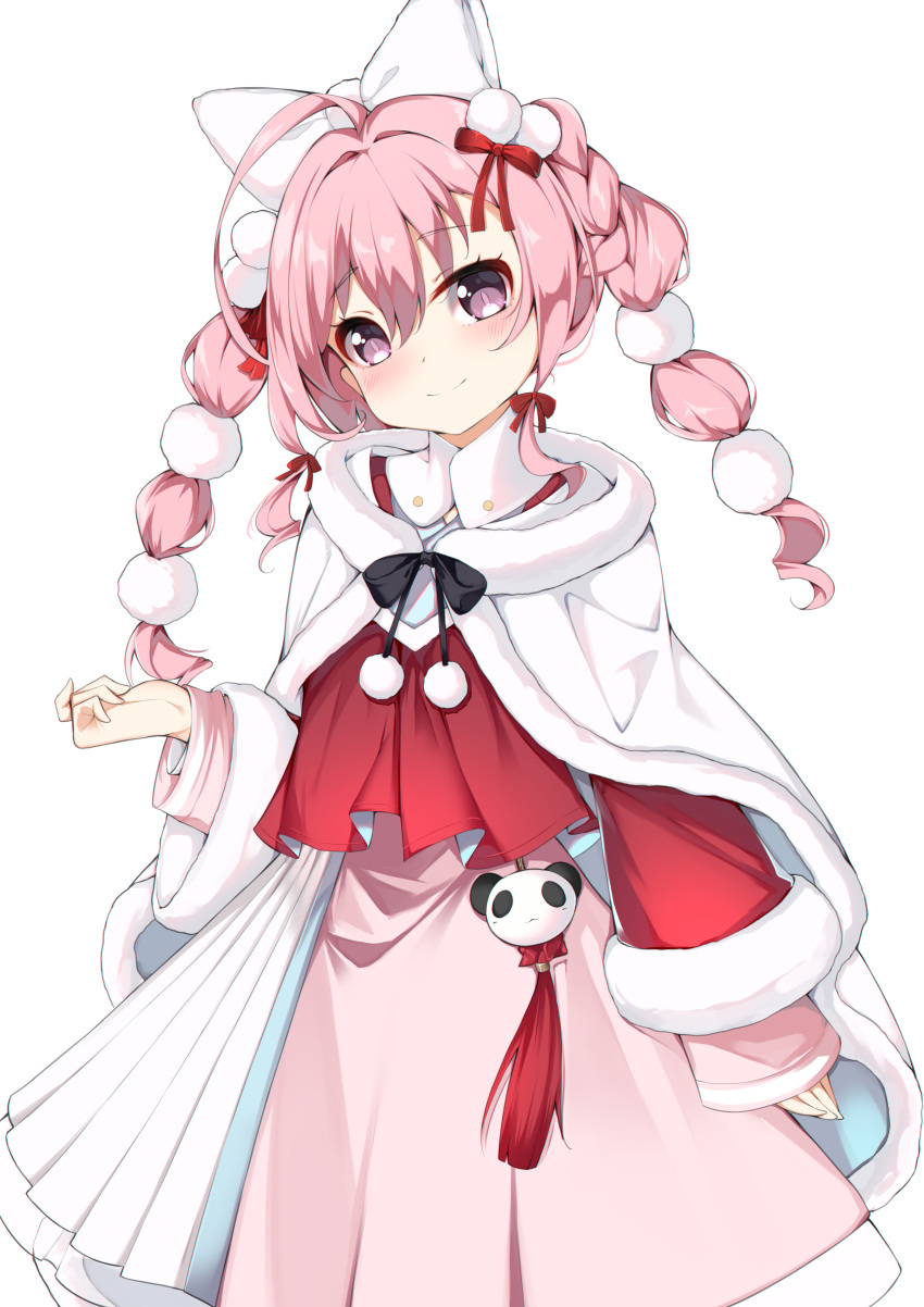 1girl absurdres ahoge azur_lane bangs blush bow braid cat_(yidsv) cloak closed_mouth commentary_request dress eyebrows_visible_through_hair fur-trimmed_cloak fur-trimmed_sleeves fur_trim hair_between_eyes hair_bow head_tilt highres jacket long_hair long_sleeves looking_at_viewer pink_dress pink_hair red_jacket saratoga_(azur_lane) simple_background smile solo twintails violet_eyes white_background white_bow white_cloak