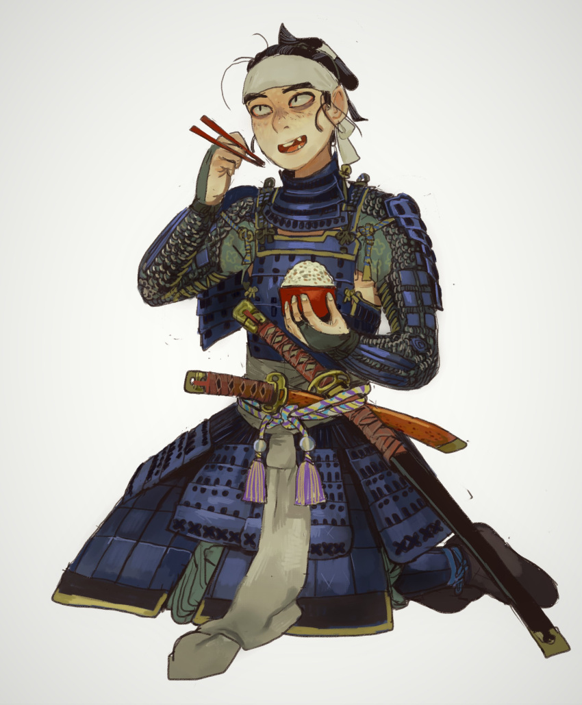 1boy absurdres armor black_hair bowl chopsticks food highres holding holding_chopsticks japanese_armor katana kote kusazuri messy_hair missing_tooth mossacannibalis open_mouth original rice rope samurai shoulder_armor simple_background sitting smile sode solo sword weapon white_background